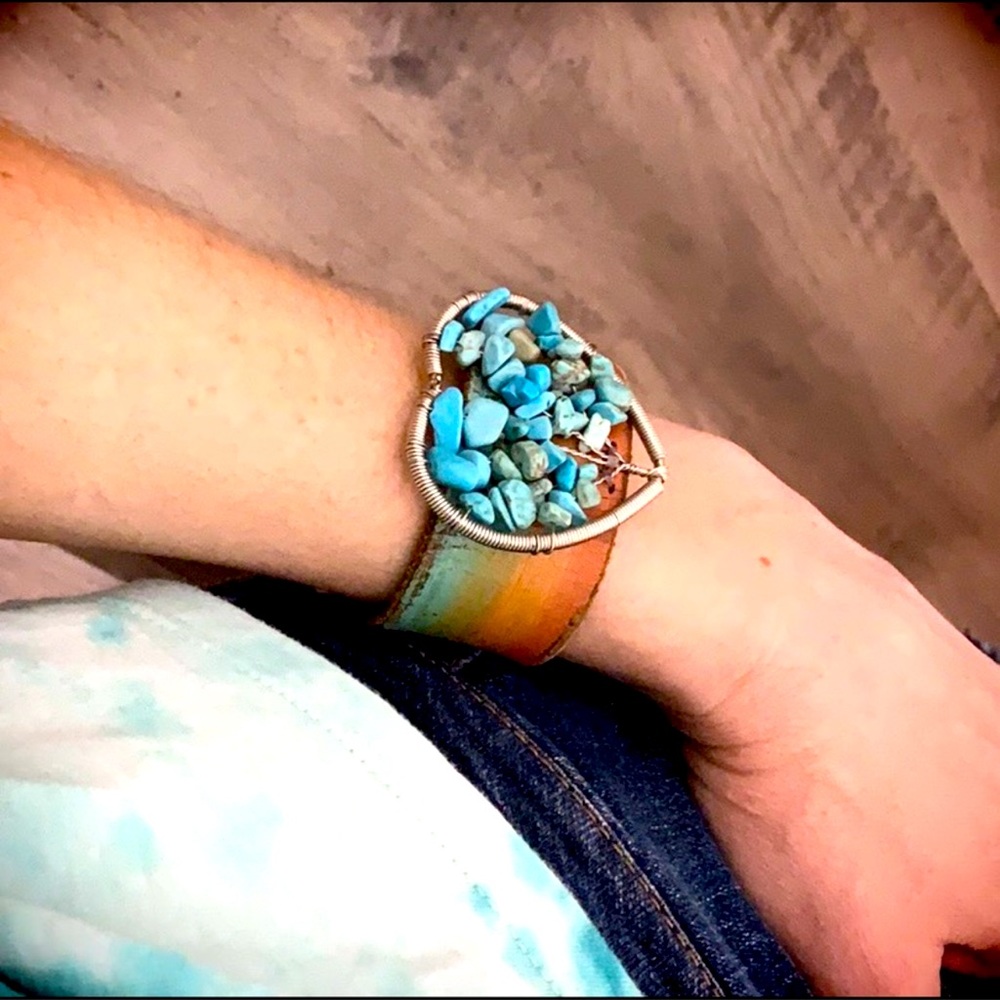 UP-CYCLED♻️ Sunset Heart 💙🌳Tree of Life Rainbow Painted Leather Cuff Bracelet
